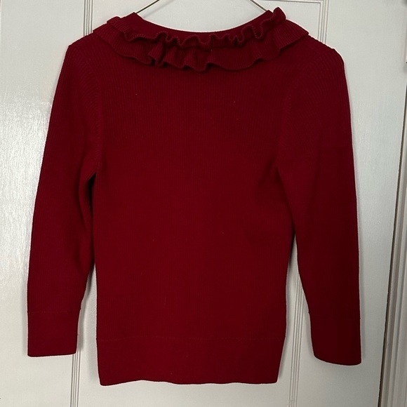 Talbots Sweater Rib Knit Feminine V-Neck Ruffled Cherry Red Cardigan Size SP - Picture 3 of 10